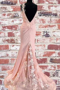Unique Mermaid V Neck Spaghetti Straps Pink Prom Dresses, Cheap Party Dress SRS15605