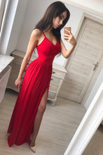 Load image into Gallery viewer, Simple Front Split Long A-Line Red Tight Cheap Prom Dresses Party Dresses