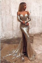 Load image into Gallery viewer, Sexy Mermaid Off the Shoulder Sequins Long Sleeves Prom Evening Dress with Split SRS15596