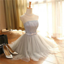 Load image into Gallery viewer, Cute A Line Sleeveless Scoop Short Silver Lace up Tulle Homecoming Dresses with Bowknot RS589