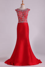 Load image into Gallery viewer, 2024 Red Bateau Lace&amp;Taffeta Prom Dresses Mermaid With Beads