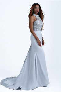 Charming Mermaid Halter Silver Sequins Prom Dresses with Appliques, Party SRS20401