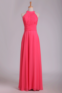 2024 Scoop A Line Ruched Bodice Bridesmaid Dresses Chiffon Floor Length
