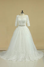 Load image into Gallery viewer, 2024 Scoop Mid-Length Sleeves Wedding Dresses A Line Tulle With Applique &amp; Beads