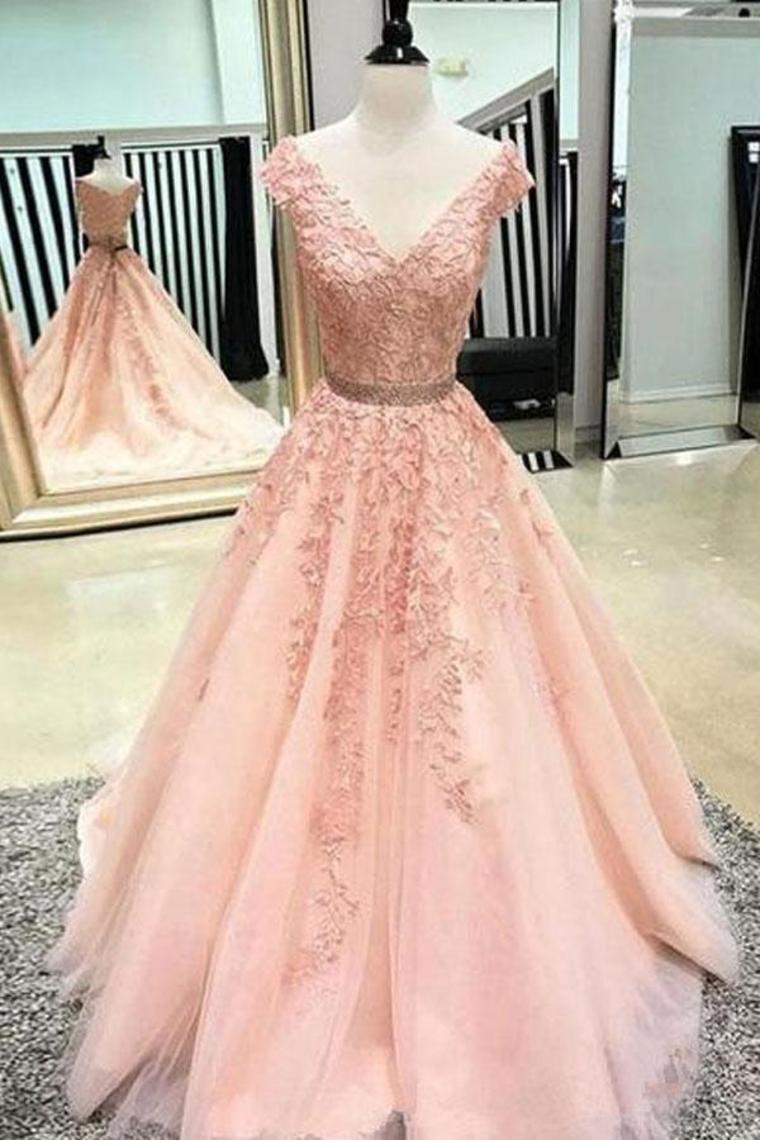 2024 Tulle Appliques A-Line V-Neck Prom Dresses WIth Court Train