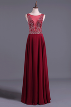 Load image into Gallery viewer, 2024 Burgundy/Maroon Scoop A Line Prom Dresses Chiffon A Line With Beading