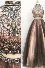 Load image into Gallery viewer, 2 Pieces Long Black And Pink Modest Beading A-Line Prom Dresses