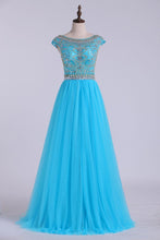 Load image into Gallery viewer, 2024 Scoop A-Line Prom Dress Full Beaded Bodice Champagne Tulle Floor Length