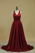 Load image into Gallery viewer, 2024 Red V Neck Evening Dresses A Line Sweep Train With Slit &amp; Ruffles
