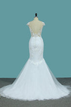 Load image into Gallery viewer, 2024 Scoop Tulle Mermaid Wedding Dresses With Applique Sweep Train Open Back