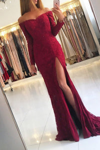2024 Off The Shoulder Mermaid Long Sleeves Prom Dresses Lace With Slit Sweep Train