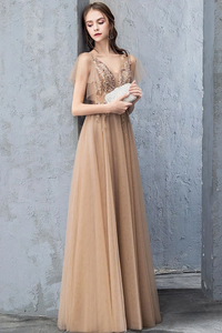 A Line V Neck Short Sleeves Long Tulle Prom Dress Evening Dresses With SRSP7MZF43L