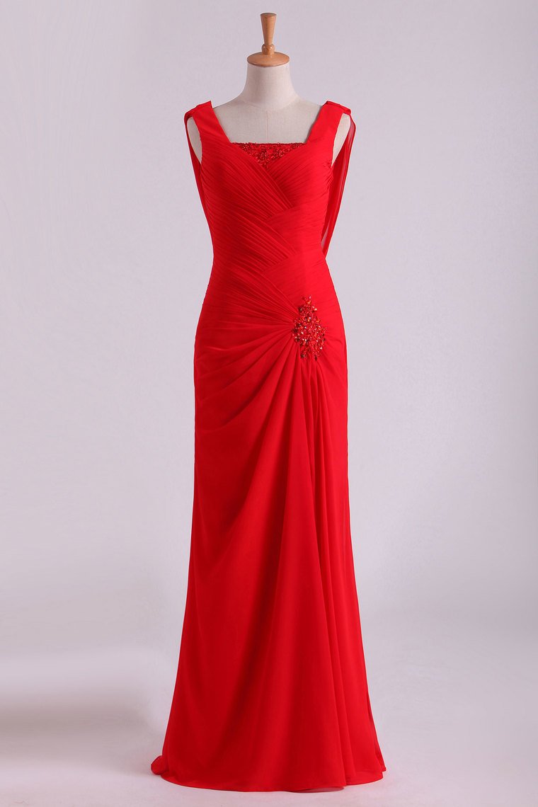 2023 Red Chiffon Evening Dresses Ruffled Bodice Floor Length