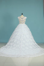Load image into Gallery viewer, 2024 Tulle Scalloped Neck A Line Wedding Dresses With Ruffles And Beads