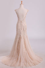 Load image into Gallery viewer, 2024 Mermaid Bateau Open Back With Applique Tulle Sweep Train Evening Dresses