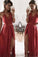 A Line Halter Lace Appliques V Neck Prom Dresses with Slit, Evening SRS20454