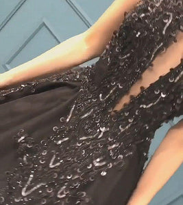 Sexy Ball Gown High Neck Black Tulle V Neck Sequins Party Dresses, Prom Dresses SRS15594