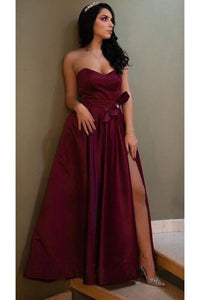 Unique A Line Burgundy Sweetheart Satin Strapless Prom Dresses, Evening SRS20448