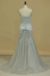 2024 Straps Prom Dresses Mermaid With Beading Sweep Train