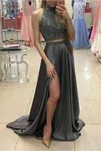 Load image into Gallery viewer, Two Pieces Gray Beading Long A-Line Front Split Elegant Prom Dresses For Teens