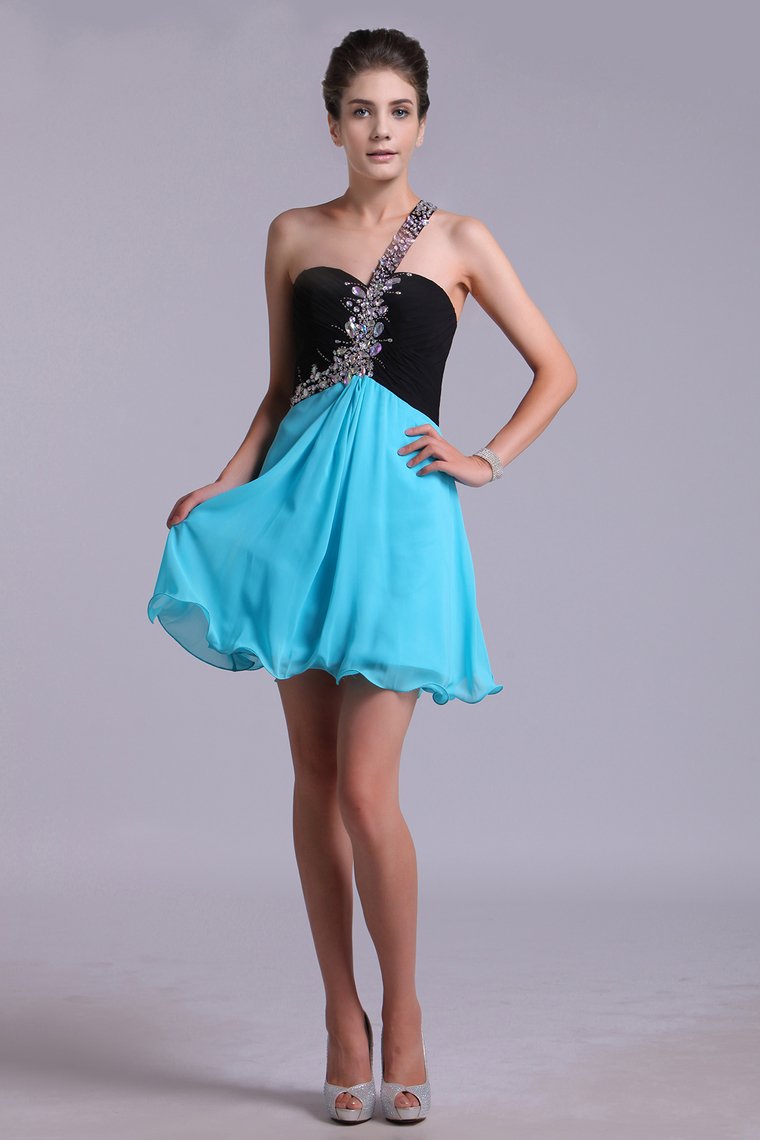 2024 Two-Tone Homecoming Dresses One Shoulder A-Line Empire Waist Chiffon With Beads