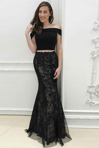 Charming 2 Pieces Black Lace Long Prom Dresses Modest Sheath Evening Dresses