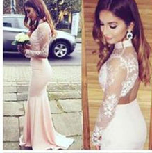 Load image into Gallery viewer, Modest Prom Dress High Neck Lace Pink evening dress Long Open Back Prom Dresses RS641