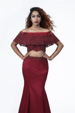 Load image into Gallery viewer, Elegant Mermaid Off the Shoulder Two Pieces Beades Burgundy Prom SRS15644