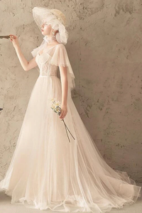 Unique Tulle Lace Long Wedding Dress Ivory Short Sleeves Lace Up Back Bridal SRSPK2YQ77B