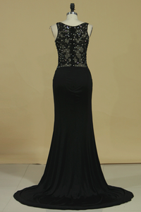 2024 Prom Dresses Sheath/Column Spaghetti Straps With Beading And Applique Spandex & Tulle