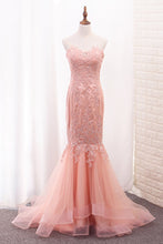 Load image into Gallery viewer, 2024 Tulle Prom Dresses Mermaid Sweetheart With Applique Sweep Train