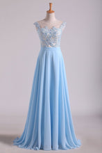 Load image into Gallery viewer, 2024 Scoop Cap Sleeves Prom Dresses Chiffon With Applique Floor Length