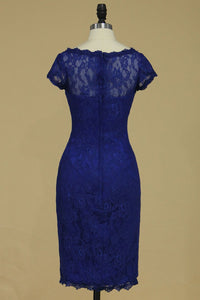2024 Dark Royal Blue Evening Dresses Off The Shoulder With Applique Lace Knee-Length