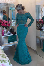 Load image into Gallery viewer, 2024 Long Sleeves Boat Neck Prom Dresses Mermaid Lace With Sash And Beads