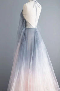 Simple Deep V Neck Ombre Tulle Halter Sleeveless Prom Dresses Backless Formal Dresses SRS15391
