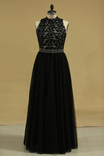 Load image into Gallery viewer, 2024 A Line High Neck Prom Dresses Tulle With Beading Floor Length