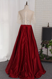 2024 A Line Prom Dresses Scoop Beaded Bodice Short Sleeves Satin