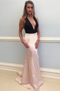 Sheath Deep V-Neck Black And Pink Long Simple Cheap Prom Dresses