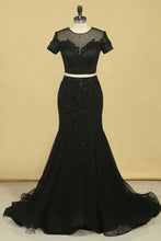 Load image into Gallery viewer, 2024 Black Two Pieces Scoop Short Sleeves Mermaid Prom Dresses With Beading Tulle