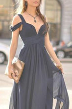 Load image into Gallery viewer, Navy Blue Off-The-Shoulder Long Chiffon Formal With Straps Sleeves Modest Bridesmaid Gown RS77