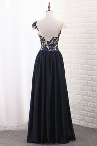2023 Satin A Line Scoop Cap Sleeve Prom Dresses With Applique Floor Length