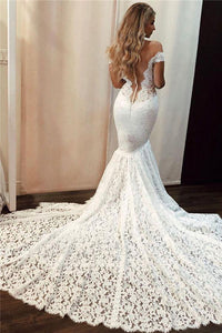 Sexy Off the Shoulder Lace Mermaid Ivory Wedding Dresses, Long Bridal Dresses SRS15344