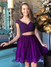 Load image into Gallery viewer, A Line Two Pieces V Neck Beads Burgundy Lace Short Prom Dresses Homecoming Dresses RS703