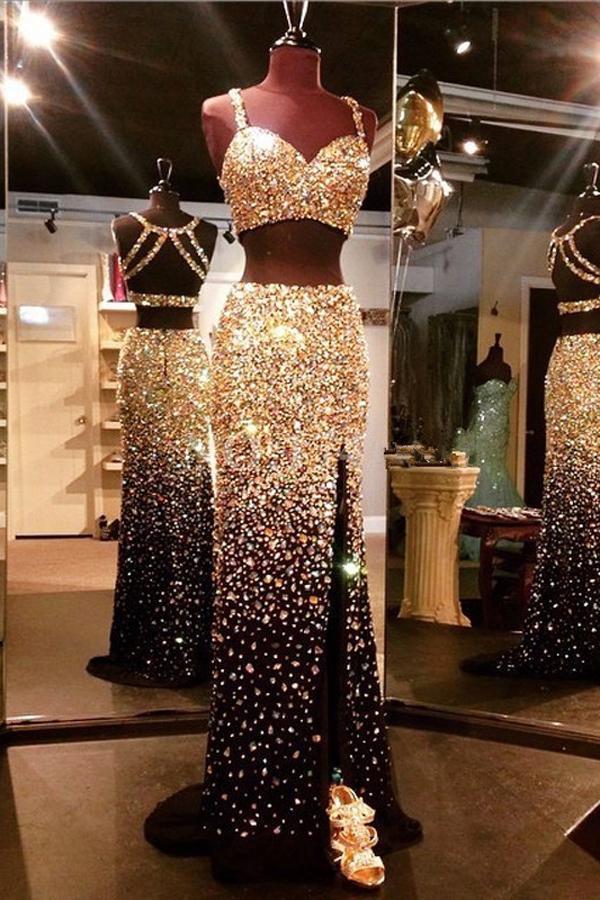Sparkly Sweetheart Gold And Black Front Split 2 Pieces Beading Modest Prom Dresses RS314