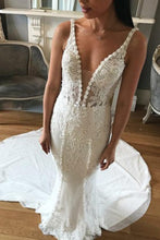 Load image into Gallery viewer, Mermaid Deep V Neck Backless Sweep Train Wedding Dresses with Lace Appliques RS847