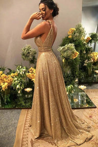 Charming Gold Sequins V Neck A Line Backless Prom Dresses, Formal SRS20399