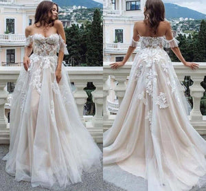 Princess A Line Off the Shoulder Sweetheart Beach Wedding Dresses with Appliques SRS15585