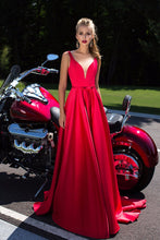 Load image into Gallery viewer, 2023 V Neck Satin Prom Dresses A Line With Applique And Sash