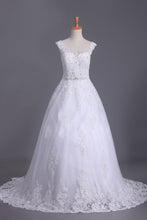 Load image into Gallery viewer, 2024 A Line Cap Sleeve Scoop Tulle Wedding Dresses With Applique And Sash