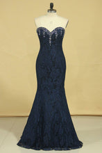 Load image into Gallery viewer, 2024 Mermaid Sweetheart Prom Dresses Lace With Beading And Applique Dark Navy Plus Size